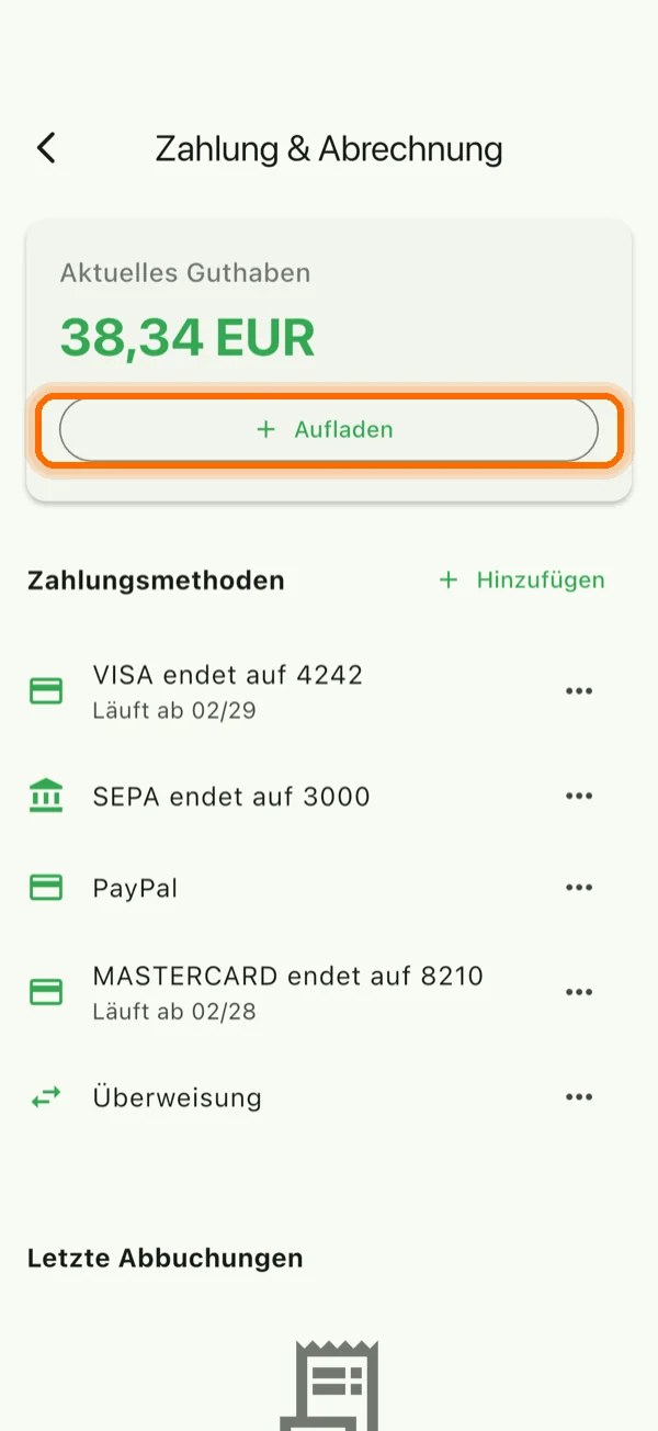Zahlungsart und Guthaben in der Mega-Meal-App